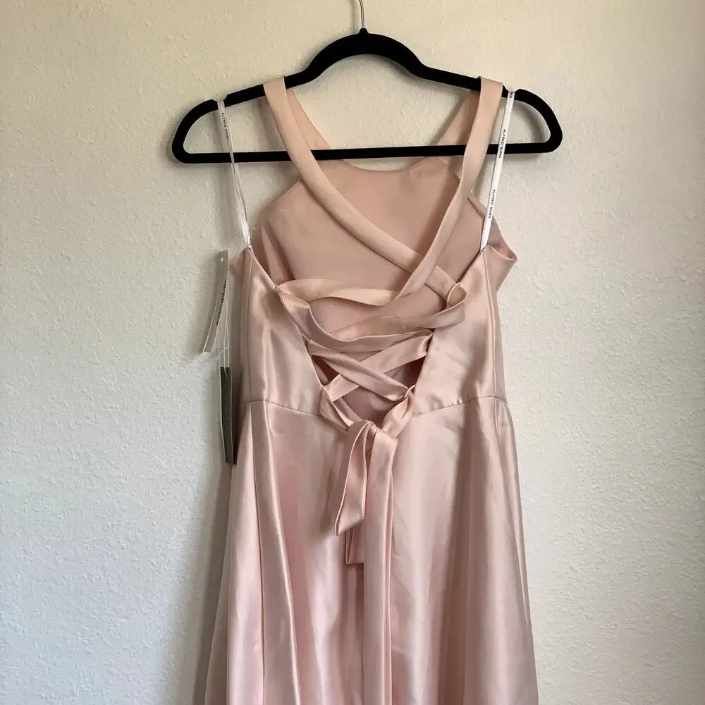 NWT Alfred Sung Lace-Up Back Satin Bridesmaid Gown in Blush Pink D763 - Picture 5 of 9